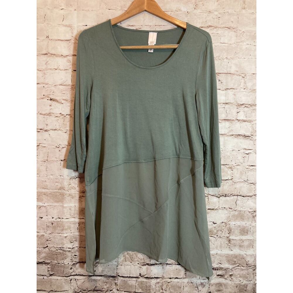 Wynne Layers Tunic Top Womens Medium Sage Green Mixed Textures Lagenlook Stretch